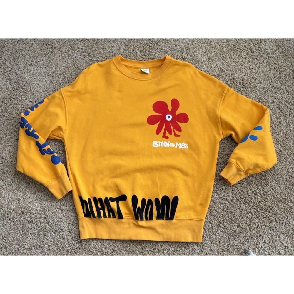 Zara Sweatshirt Studio Mess What Wow Pop Art Evil Eye Men's Small Yellow - Picture 2 of 14